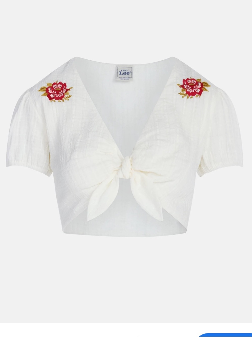 Lee Cream Tie-Front Crop Blouse with Red Floral Embroidery